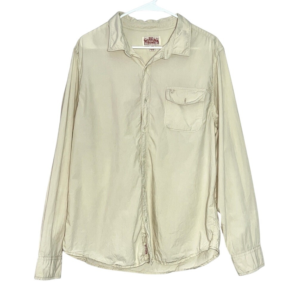 Vintage Man's rugged True Religion cotton Button down shirt Beige XL